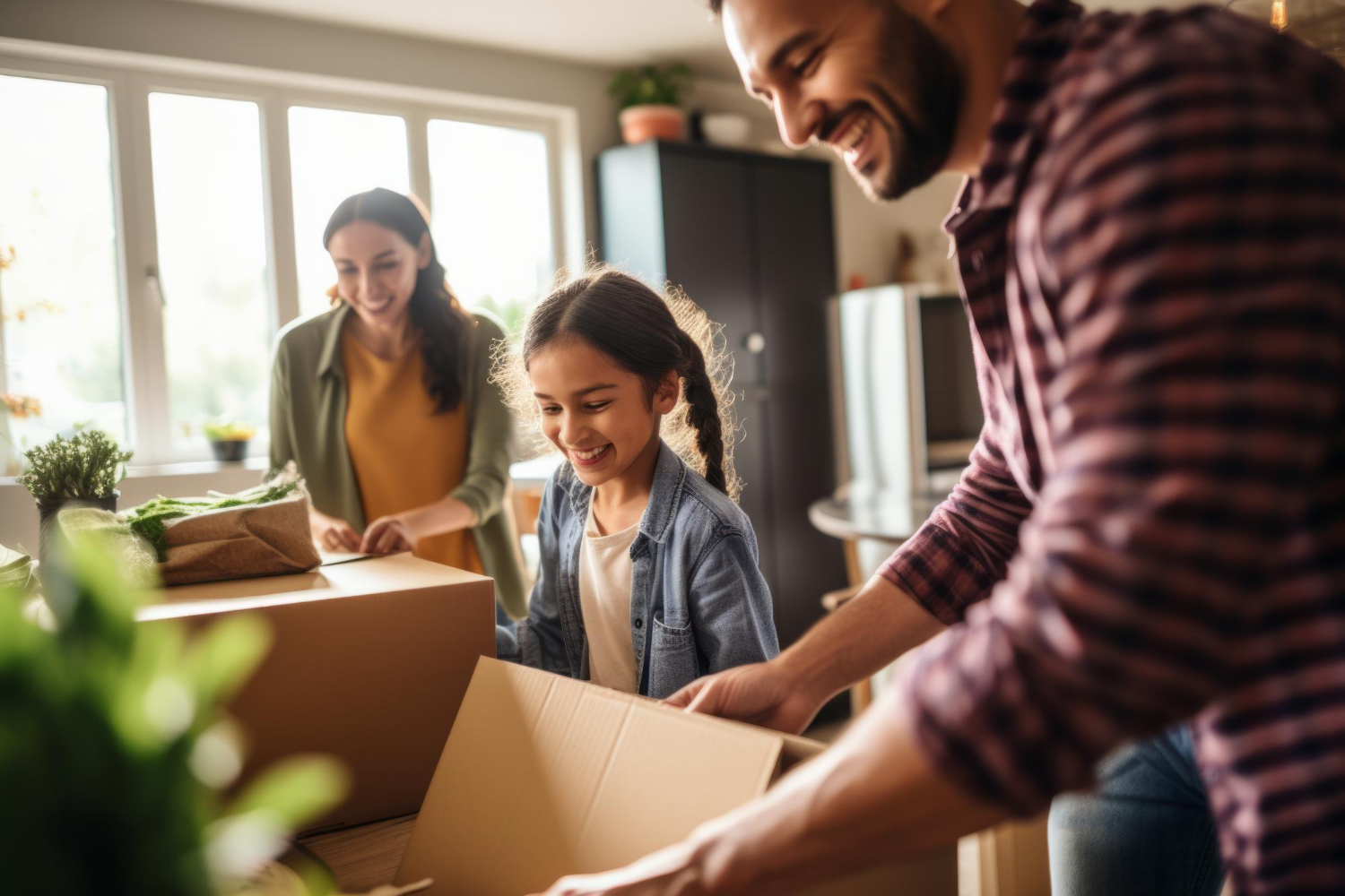 Famille souriante transportant des cartons pendant un déménagement, soulignant le concept de déménager avec facilité, même en situation de garde alternée.