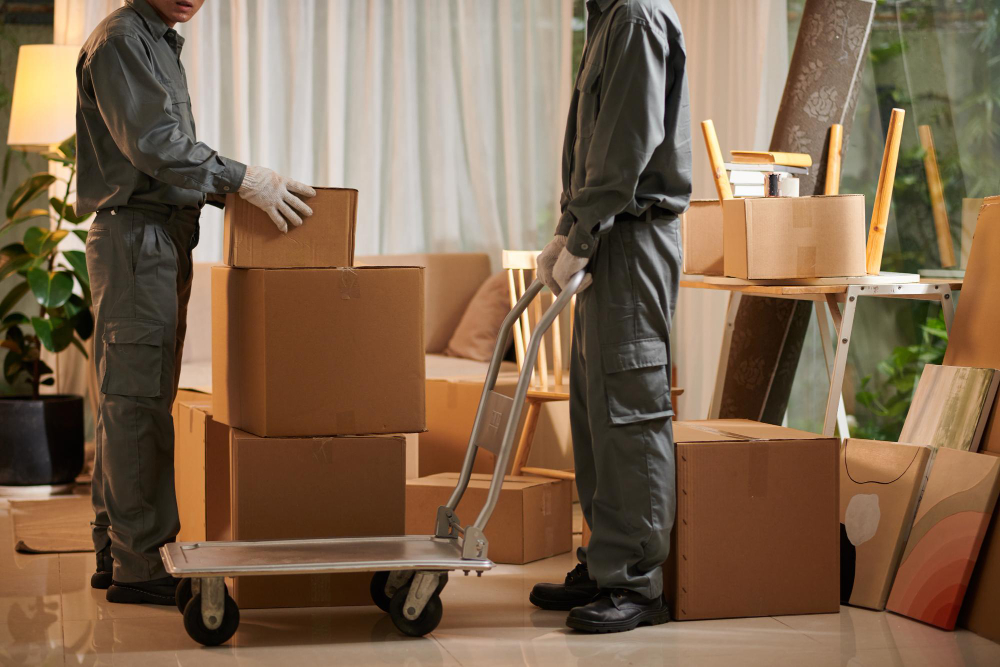 Alt: "Expert en déménagement déballant les essentiels pour un premier emménagement, illustrant le guide complet pour un emménagement sans tracas".