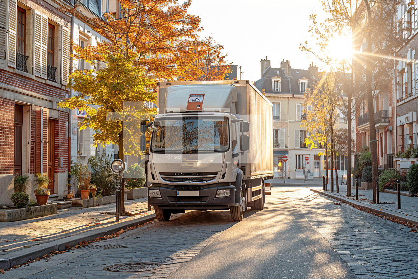 Camion de déménagement stationné légalement à Rouen avec panneau d'autorisation de stationnement