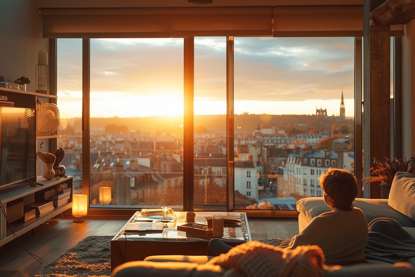 Choix entre déménager ou agrandir sa maison à Rouen illustré par une famille regardant des plans de maison et la skyline de Rouen en arrière-plan