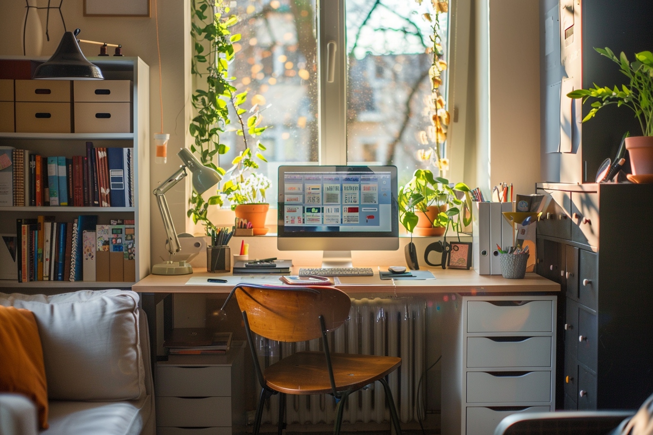 Aménagement ingénieux d'un coin bureau fonctionnel dans un petit appartement pour maximiser l'espace disponible.